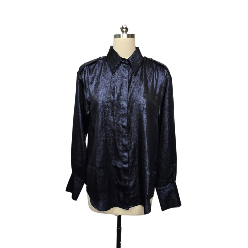 Karen Millen Metallic Woven Collared Shirt Navy Blue Epaulette Blouse US 6 NEW